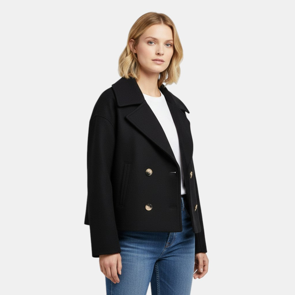 Women’s Cropped Double Breasted Peacoat with Button Closure-Villaayr