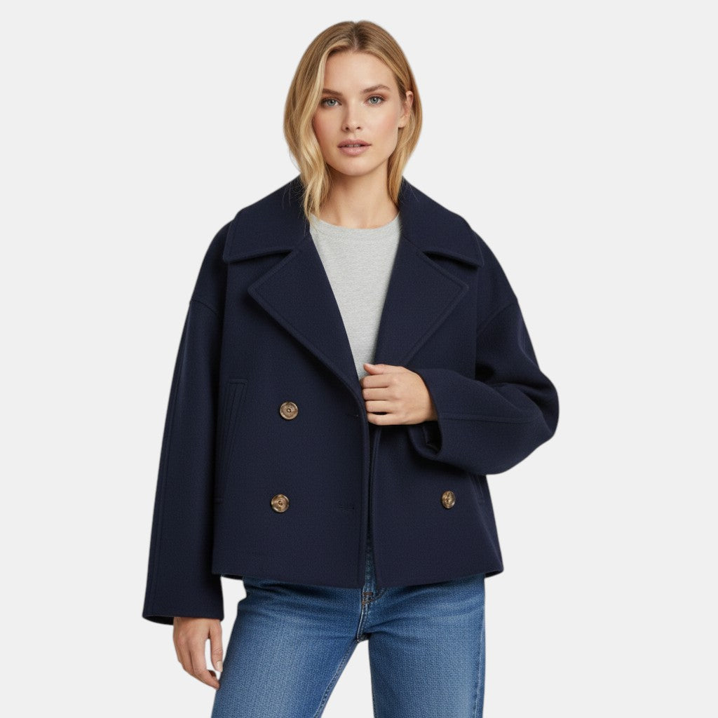 Women’s Cropped Double Breasted Peacoat with Button Closure-Villaayr