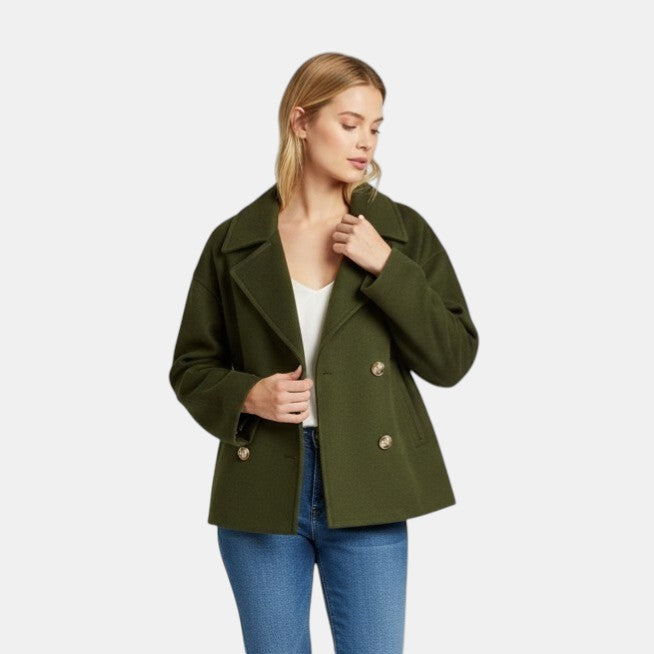 Women’s Cropped Double Breasted Peacoat with Button Closure-Villaayr