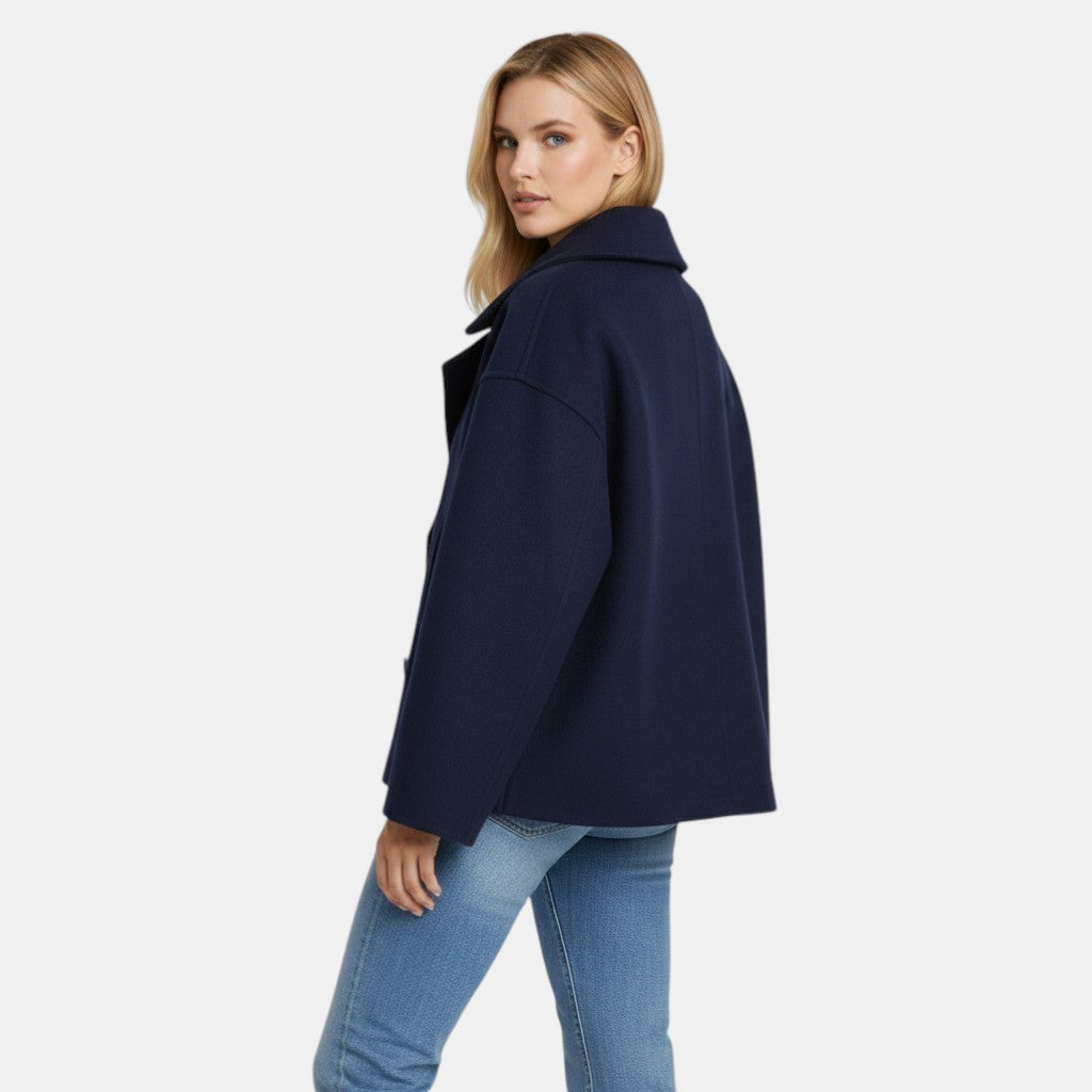 Women’s Cropped Double Breasted Peacoat with Button Closure-Villaayr