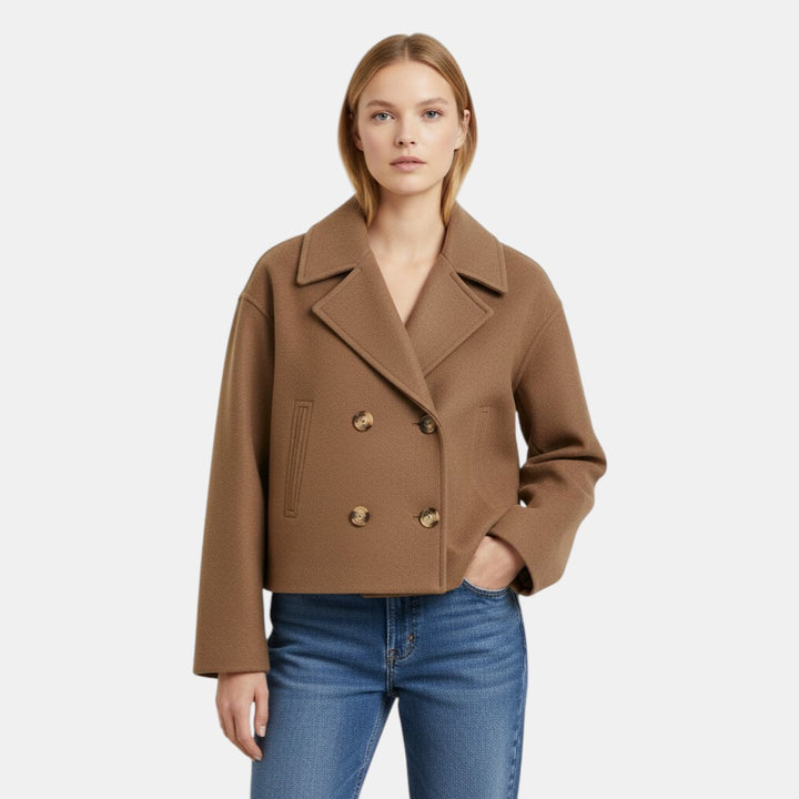 Women’s Cropped Double Breasted Peacoat with Button Closure-Villaayr