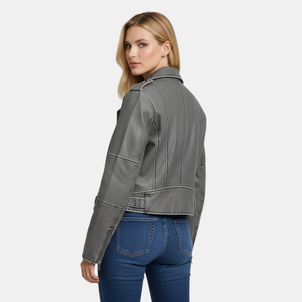 Women’s Cropped Faux Leather Biker Jacket with Asymmetrical Zip-Villaayr