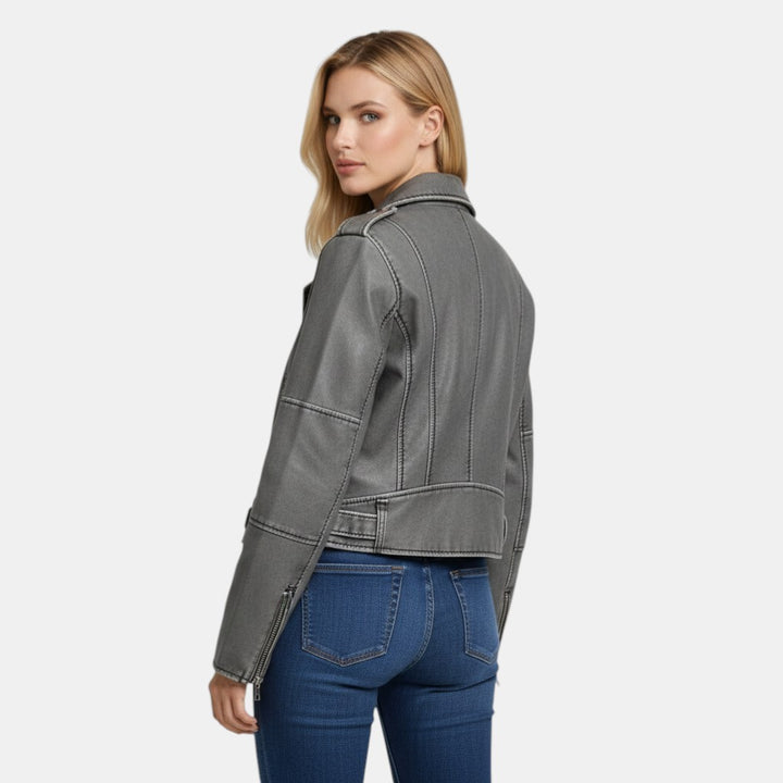 Women’s Cropped Faux Leather Biker Jacket with Asymmetrical Zip-Villaayr