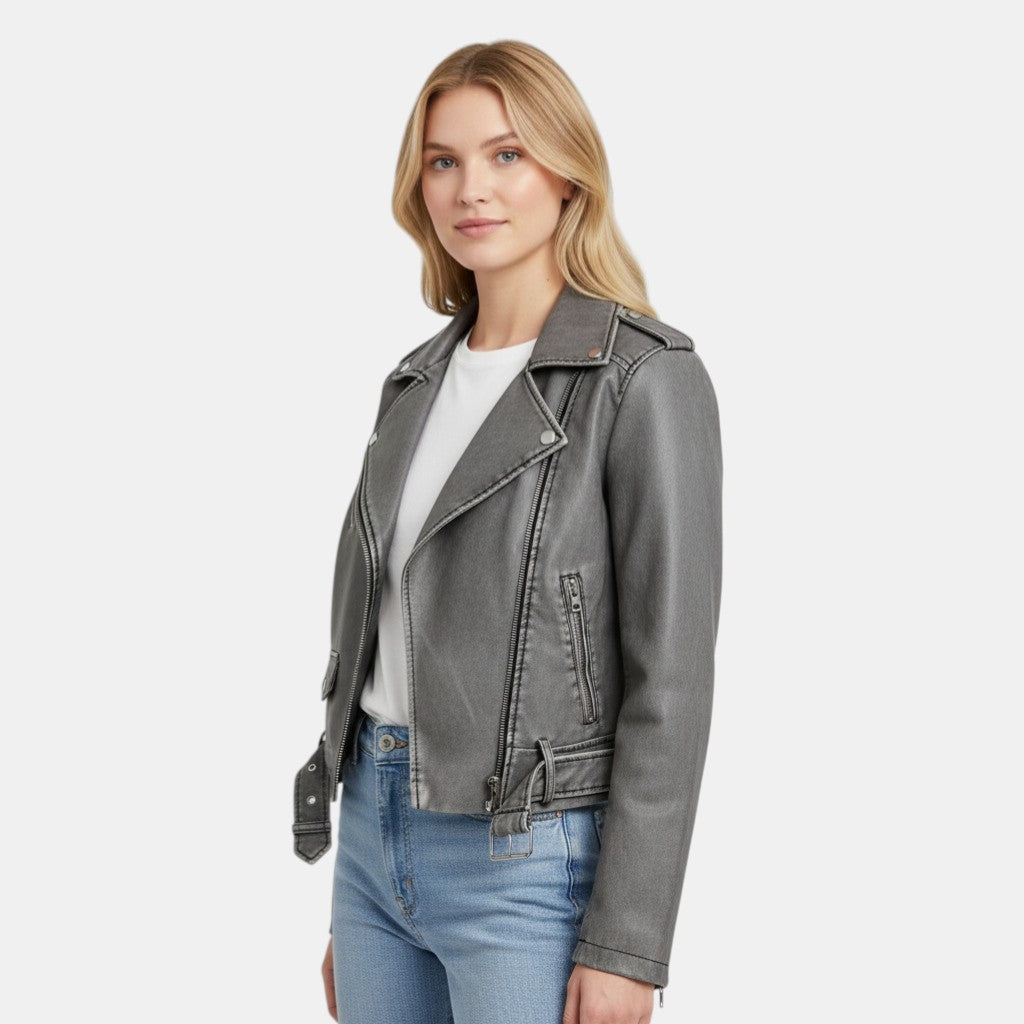 Women’s Cropped Faux Leather Biker Jacket with Asymmetrical Zip-Villaayr