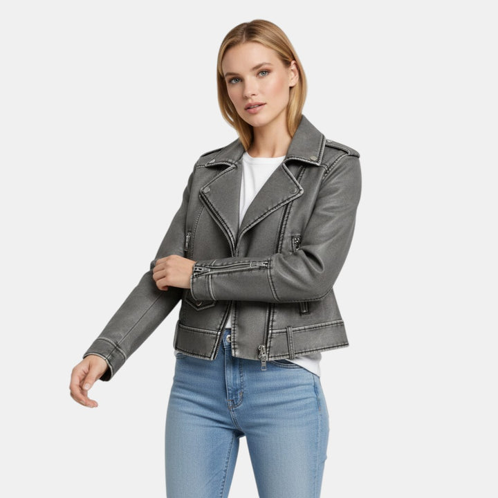 Women’s Cropped Faux Leather Biker Jacket with Asymmetrical Zip-Villaayr