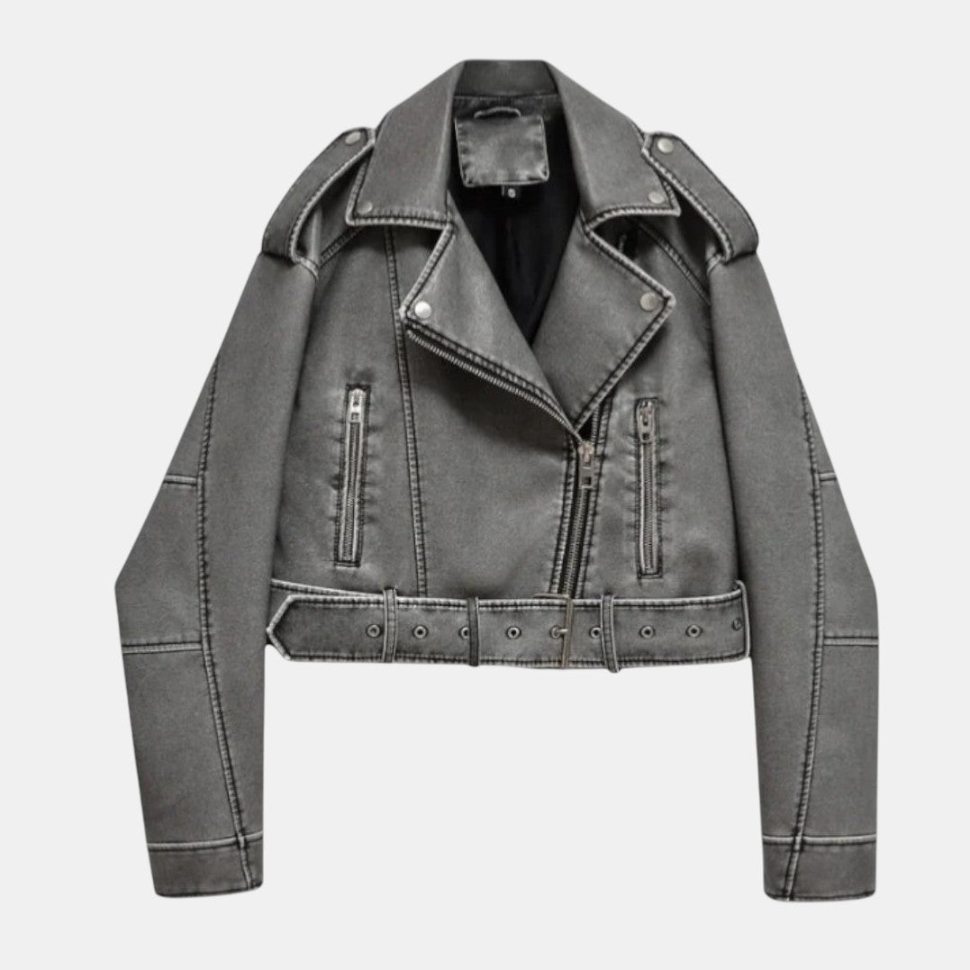 Women’s Cropped Faux Leather Biker Jacket with Asymmetrical Zip-Villaayr