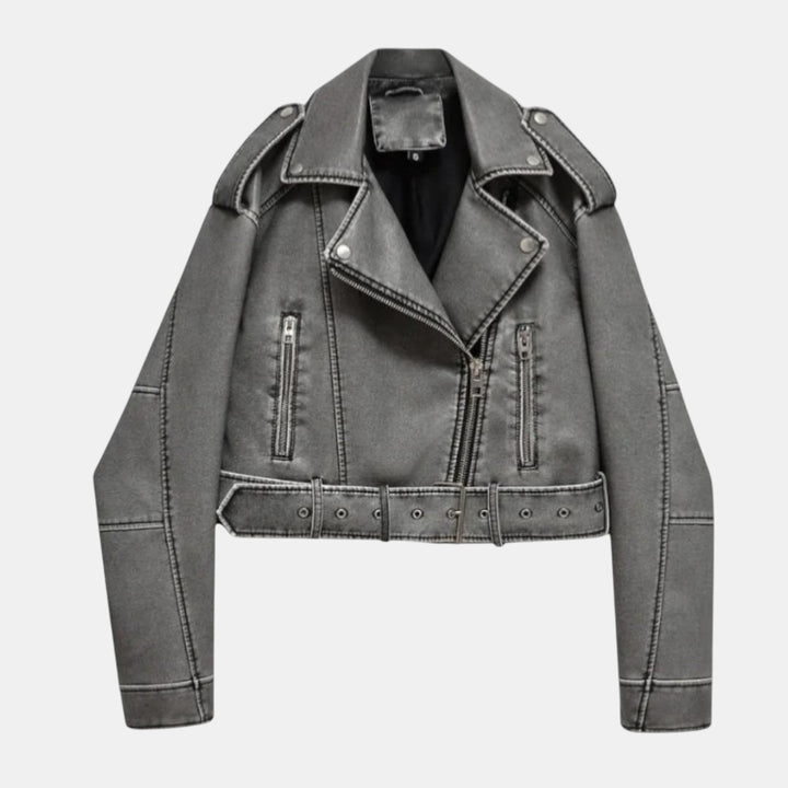 Women’s Cropped Faux Leather Biker Jacket with Asymmetrical Zip-Villaayr