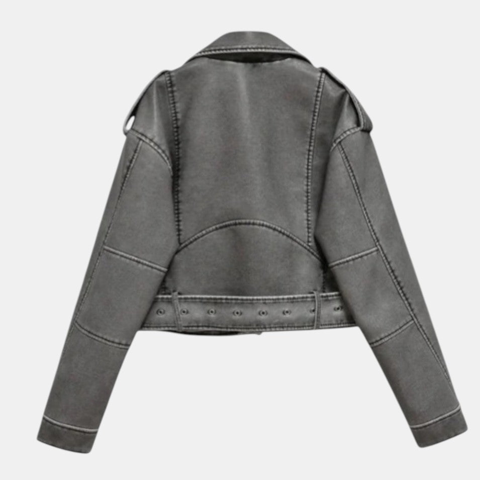 Women’s Cropped Faux Leather Biker Jacket with Asymmetrical Zip-Villaayr