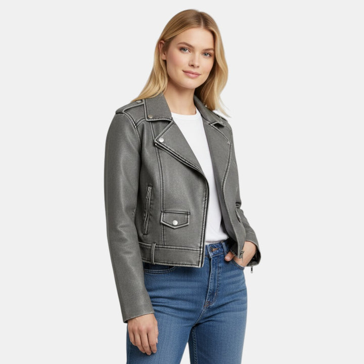 Women’s Cropped Faux Leather Biker Jacket with Asymmetrical Zip-Villaayr