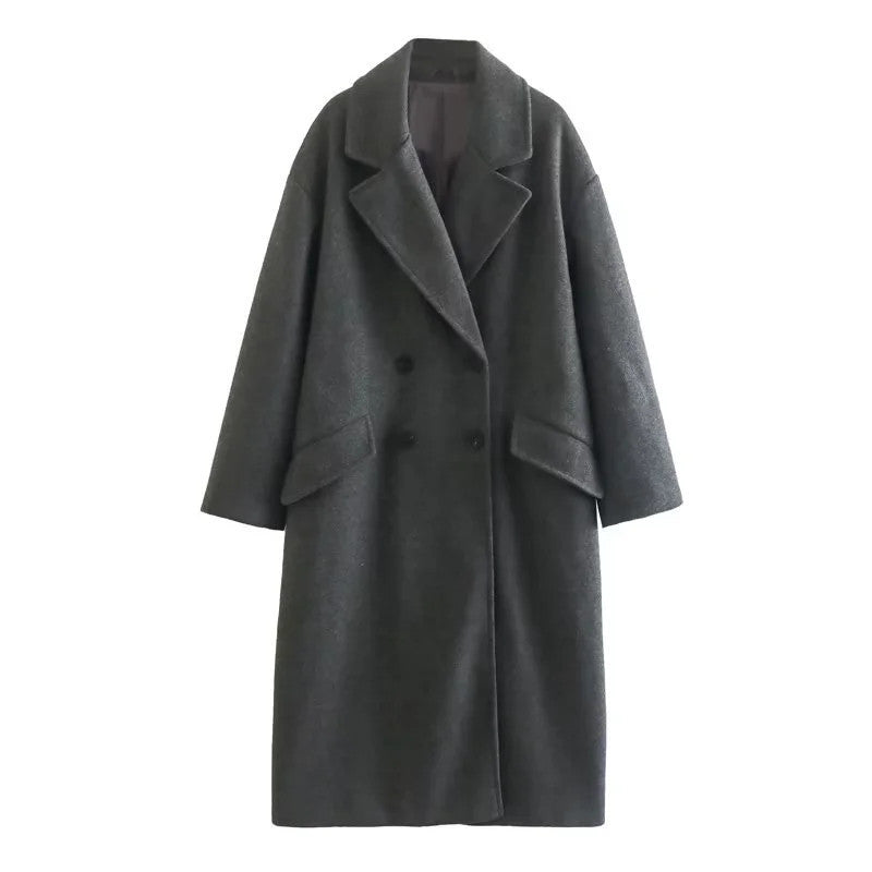 Women’s Double Breasted Long Coat with Notched Lapel-Villaayr