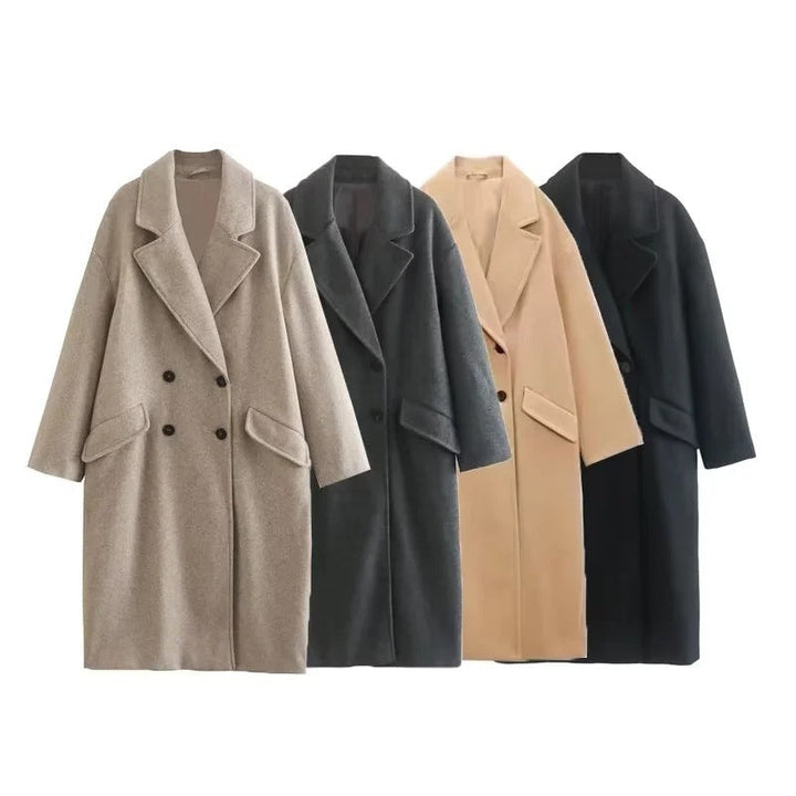 Women’s Double Breasted Long Coat with Notched Lapel-Villaayr