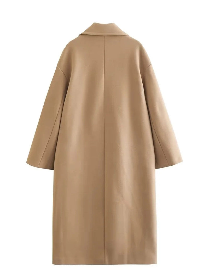 Women’s Double Breasted Long Coat with Notched Lapel-Villaayr