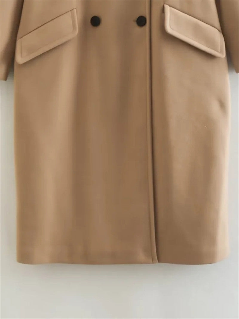 Women’s Double Breasted Long Coat with Notched Lapel-Villaayr