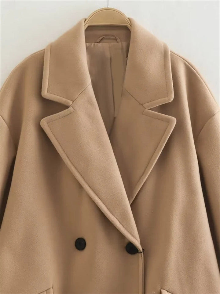 Women’s Double Breasted Long Coat with Notched Lapel-Villaayr