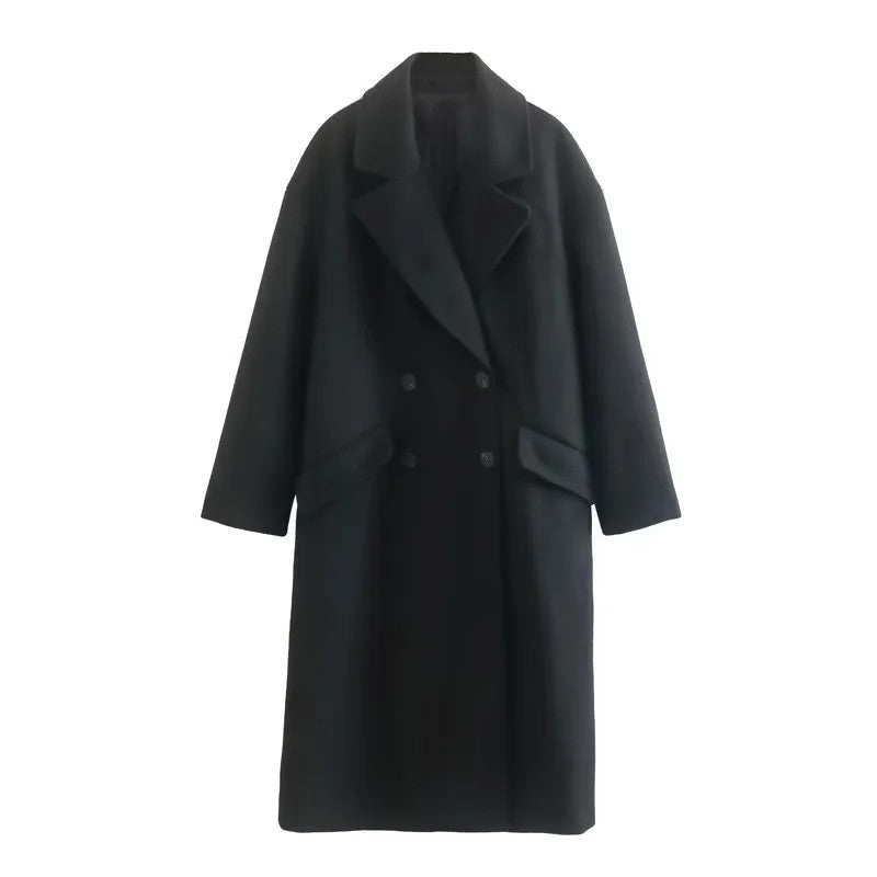 Women’s Double Breasted Long Coat with Notched Lapel-Villaayr