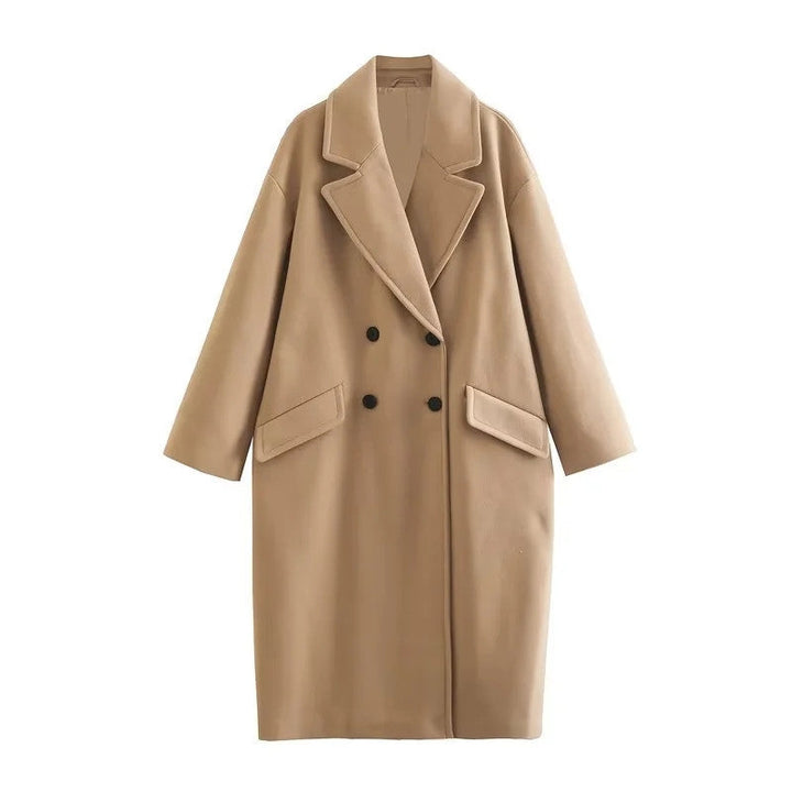 Women’s Double Breasted Long Coat with Notched Lapel-Villaayr