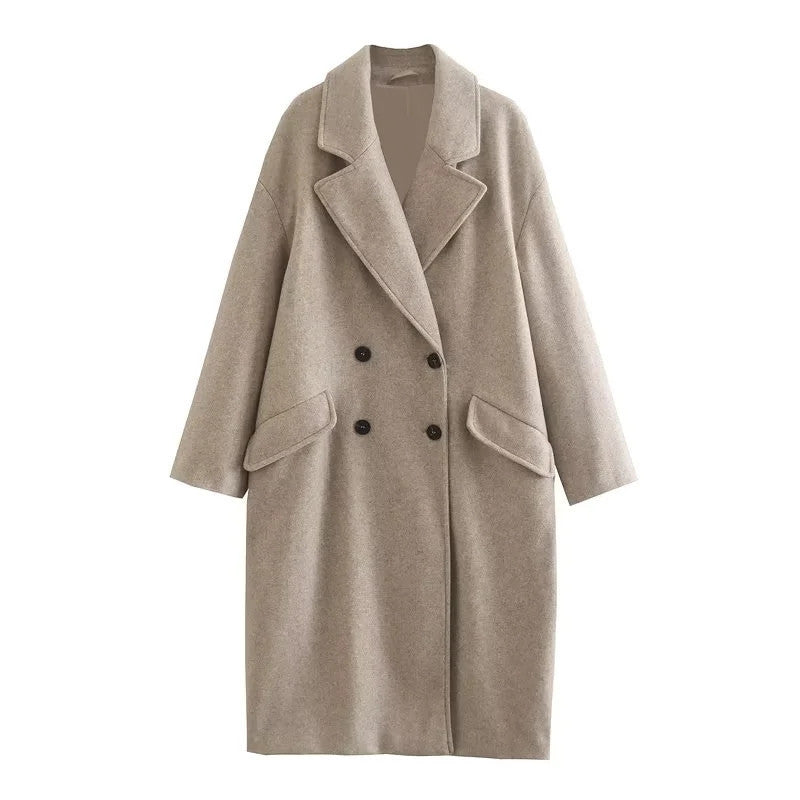 Women’s Double Breasted Long Coat with Notched Lapel-Villaayr