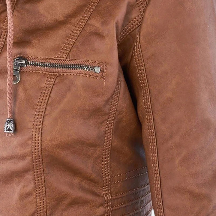 Women’s Faux Leather Hooded Jacket with Front Zip-Villaayr