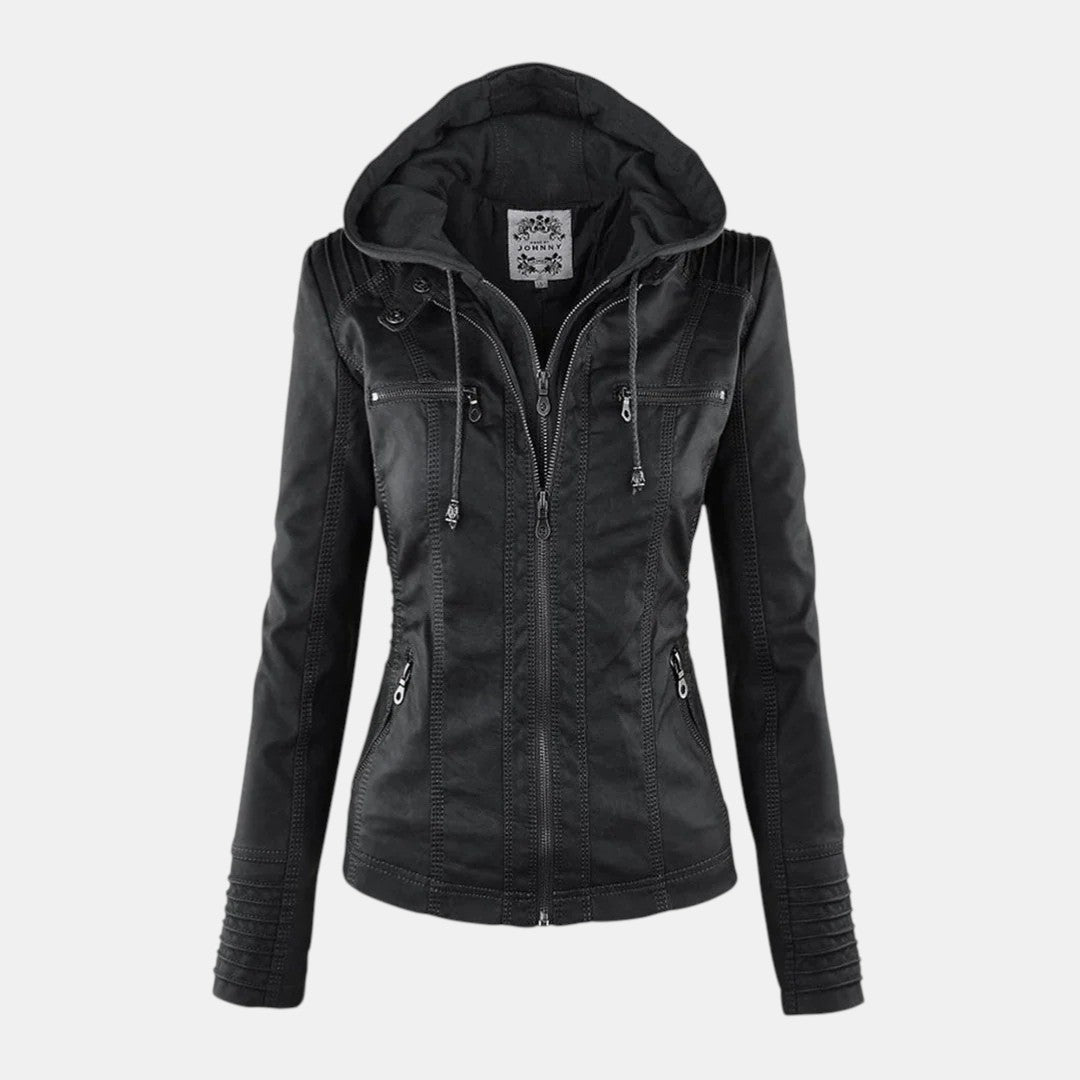 Women’s Faux Leather Hooded Jacket with Front Zip-Villaayr
