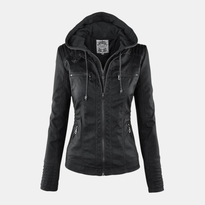 Women’s Faux Leather Hooded Jacket with Front Zip-Villaayr