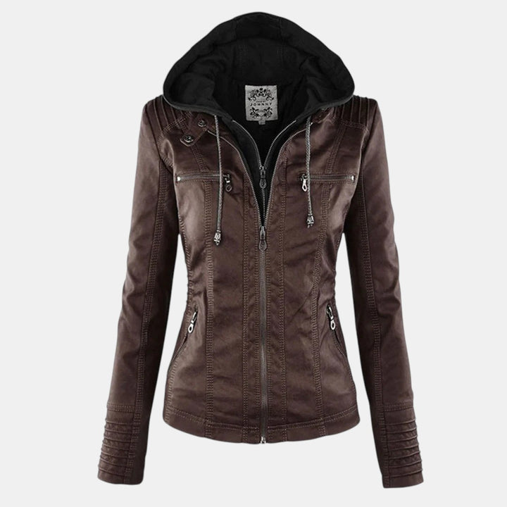 Women’s Faux Leather Hooded Jacket with Front Zip-Villaayr
