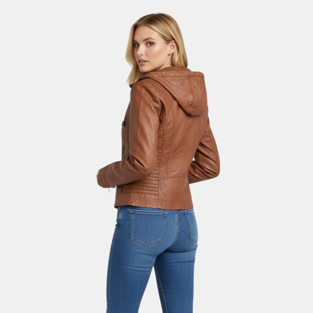 Women’s Faux Leather Hooded Jacket with Front Zip-Villaayr