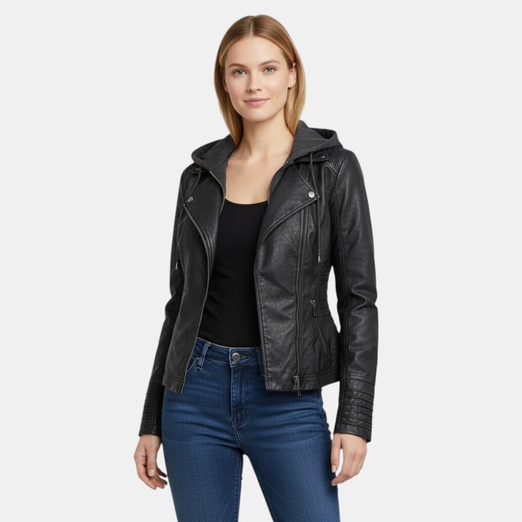 Women’s Faux Leather Hooded Jacket with Front Zip-Villaayr