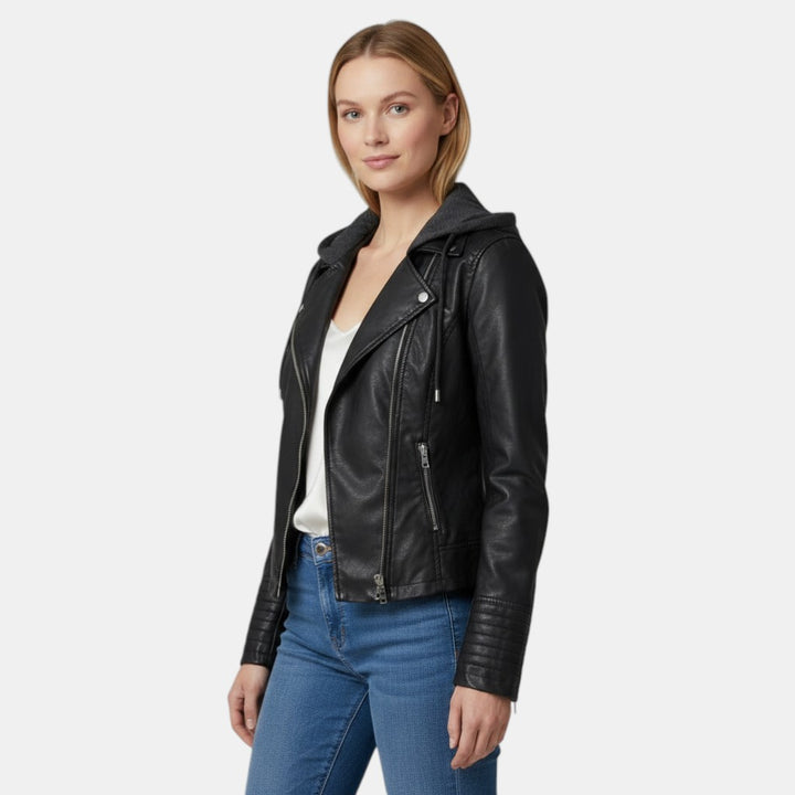 Women’s Faux Leather Hooded Jacket with Front Zip-Villaayr