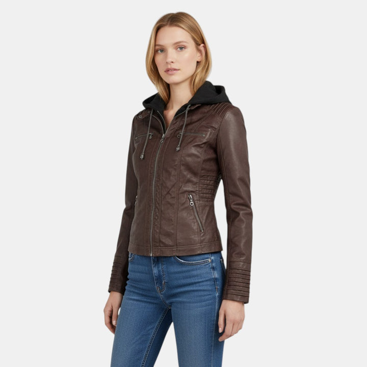 Women’s Faux Leather Hooded Jacket with Front Zip-Villaayr