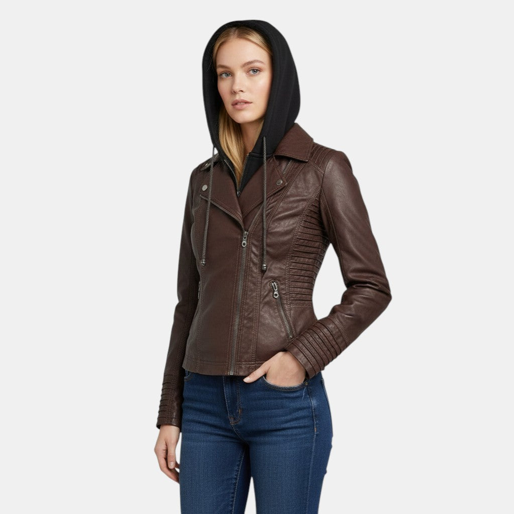 Women’s Faux Leather Hooded Jacket with Front Zip-Villaayr