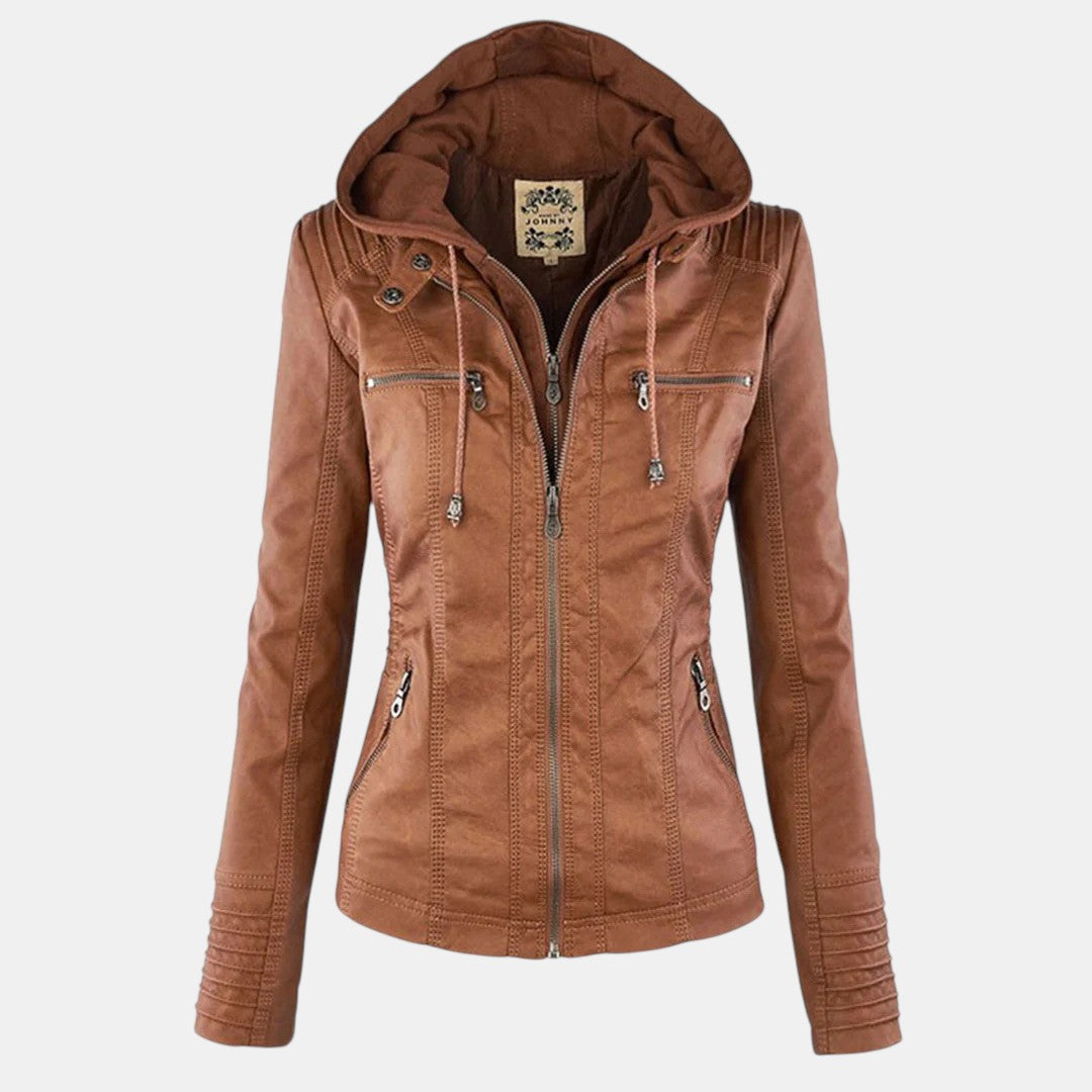 Women’s Faux Leather Hooded Jacket with Front Zip-Villaayr