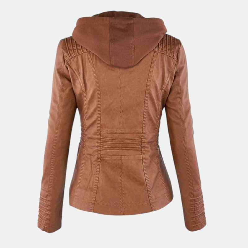 Women’s Faux Leather Hooded Jacket with Front Zip-Villaayr