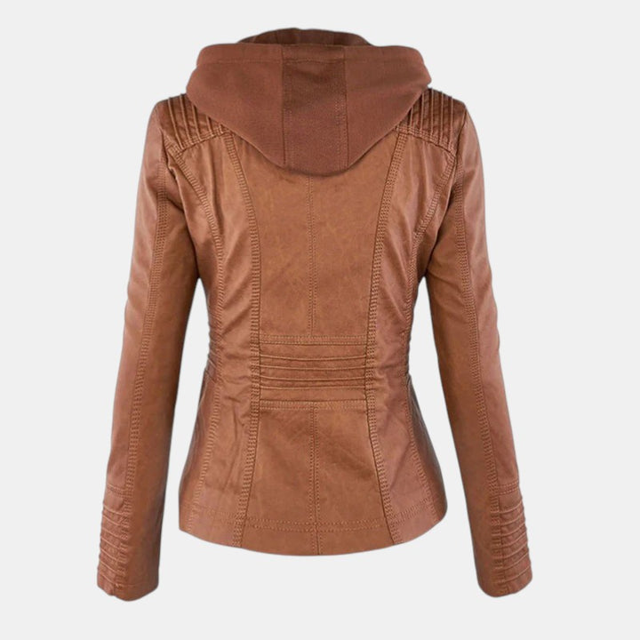 Women’s Faux Leather Hooded Jacket with Front Zip-Villaayr