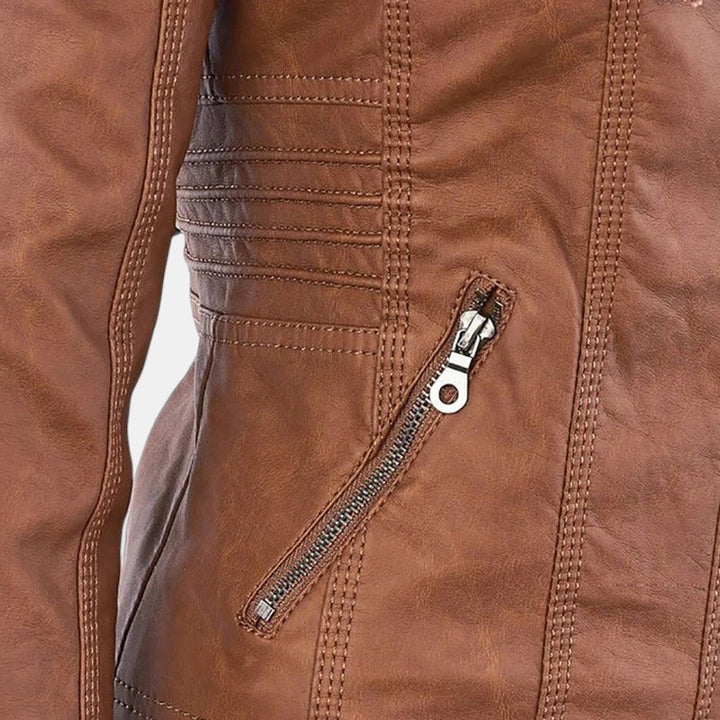 Women’s Faux Leather Hooded Jacket with Front Zip-Villaayr