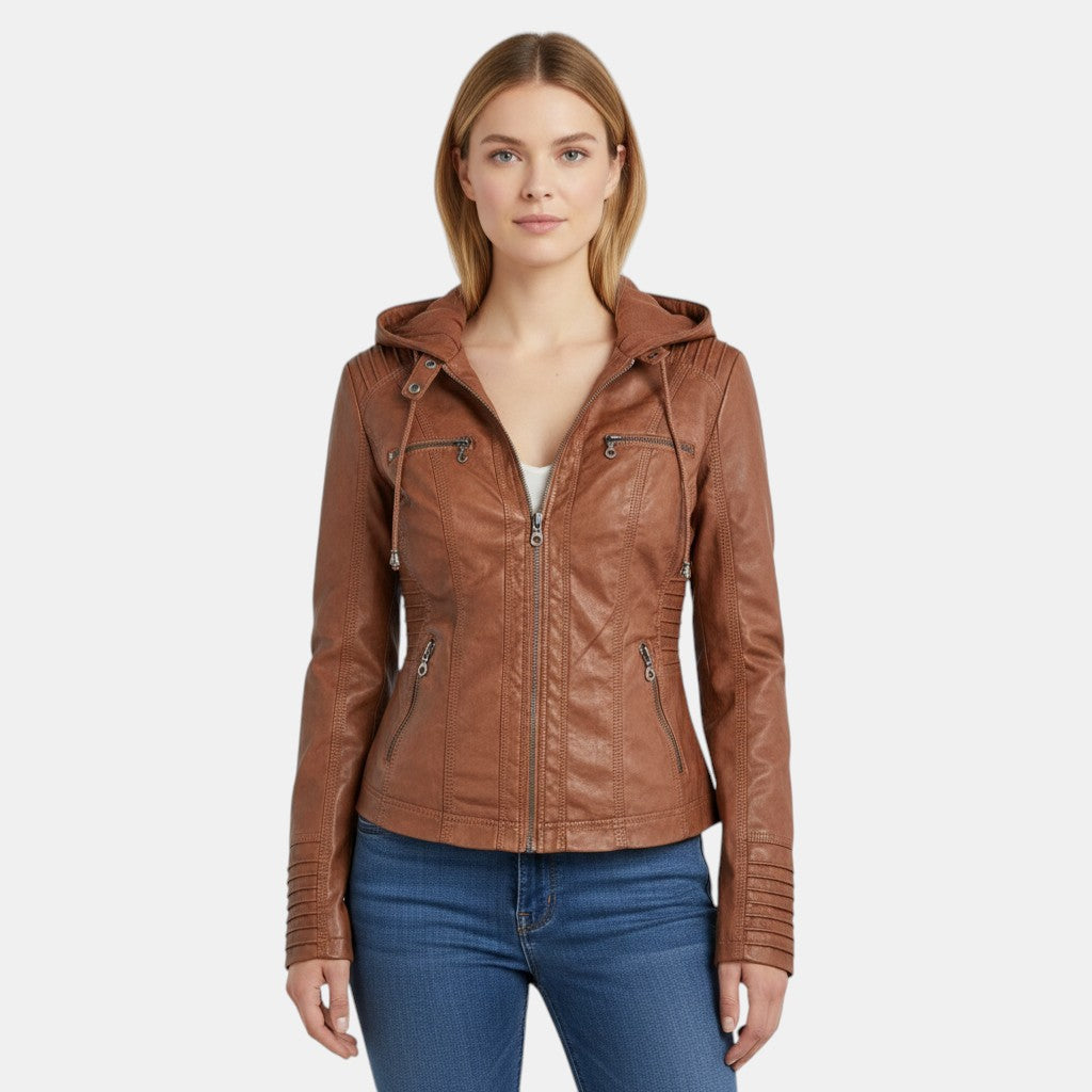 Women’s Faux Leather Hooded Jacket with Front Zip-Villaayr