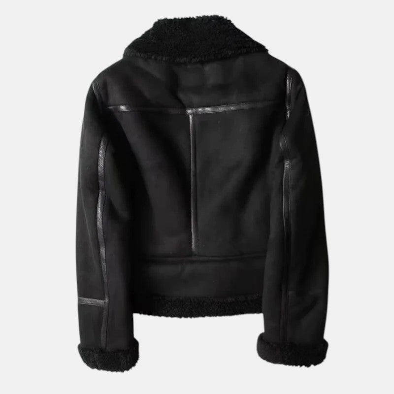 Women’s Faux Shearling Aviator Jacket with Asymmetrical Zip-Villaayr