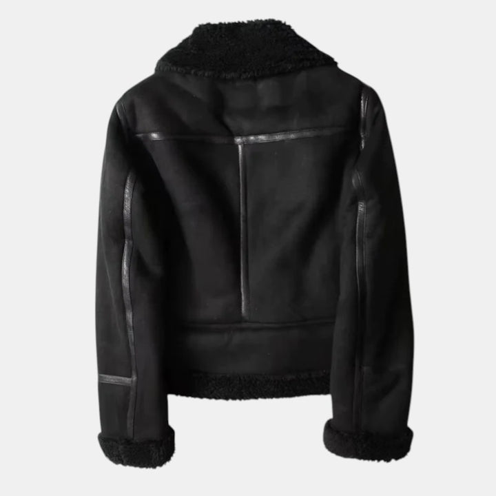 Women’s Faux Shearling Aviator Jacket with Asymmetrical Zip-Villaayr
