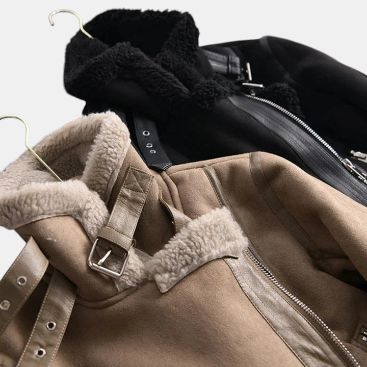 Women’s Faux Shearling Aviator Jacket with Asymmetrical Zip-Villaayr