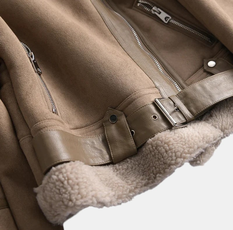 Women’s Faux Shearling Aviator Jacket with Asymmetrical Zip-Villaayr