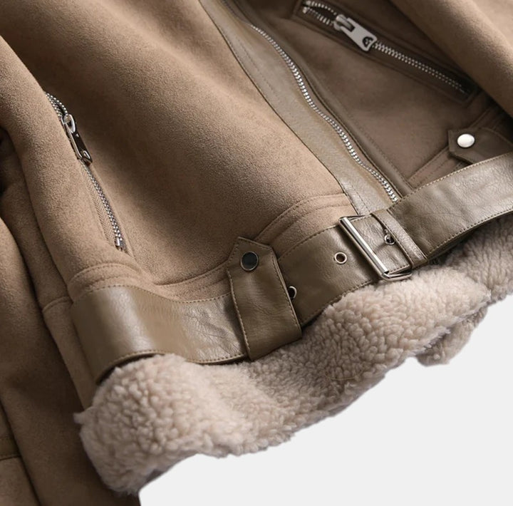 Women’s Faux Shearling Aviator Jacket with Asymmetrical Zip-Villaayr