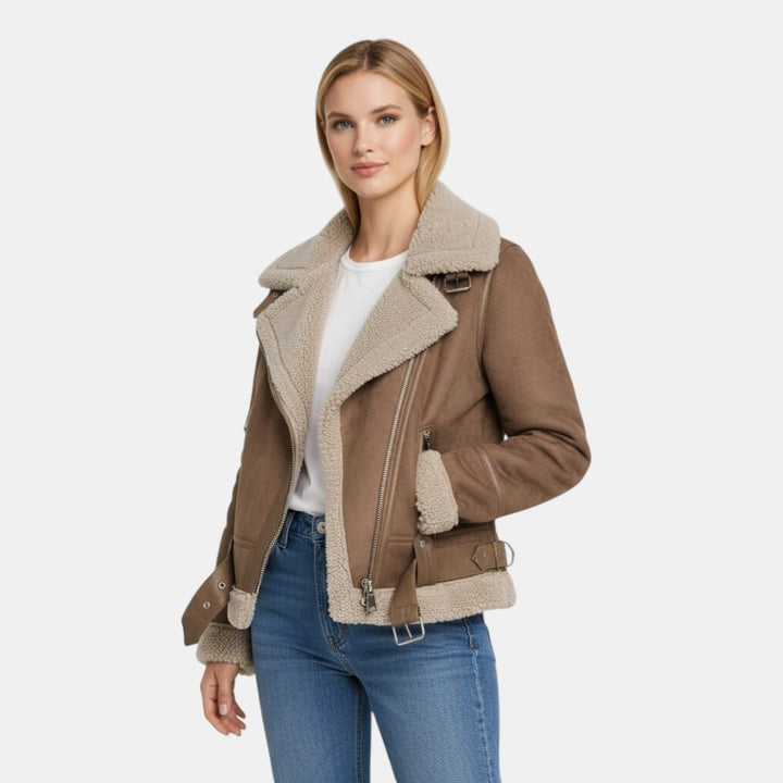 Women’s Faux Shearling Aviator Jacket with Asymmetrical Zip-Villaayr