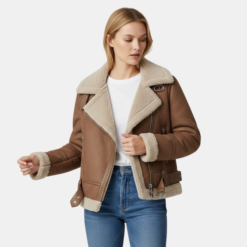 Women’s Faux Shearling Aviator Jacket with Asymmetrical Zip-Villaayr