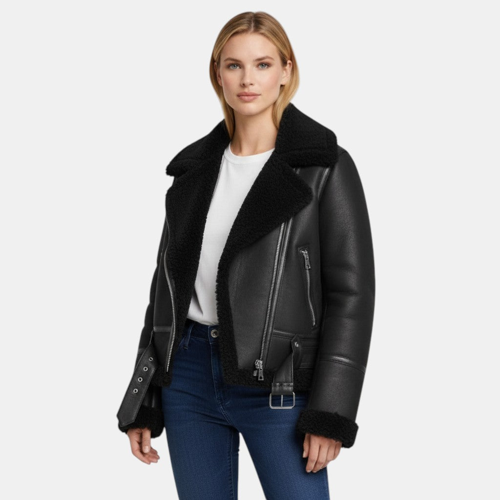 Women’s Faux Shearling Aviator Jacket with Asymmetrical Zip-Villaayr