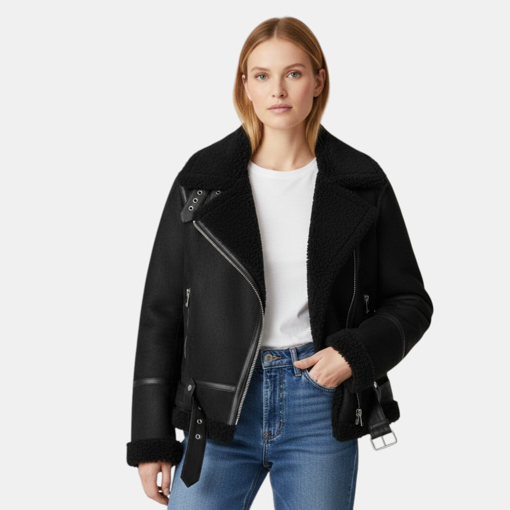 Women’s Faux Shearling Aviator Jacket with Asymmetrical Zip-Villaayr