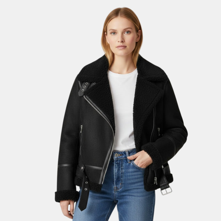 Women’s Faux Shearling Aviator Jacket with Asymmetrical Zip-Villaayr