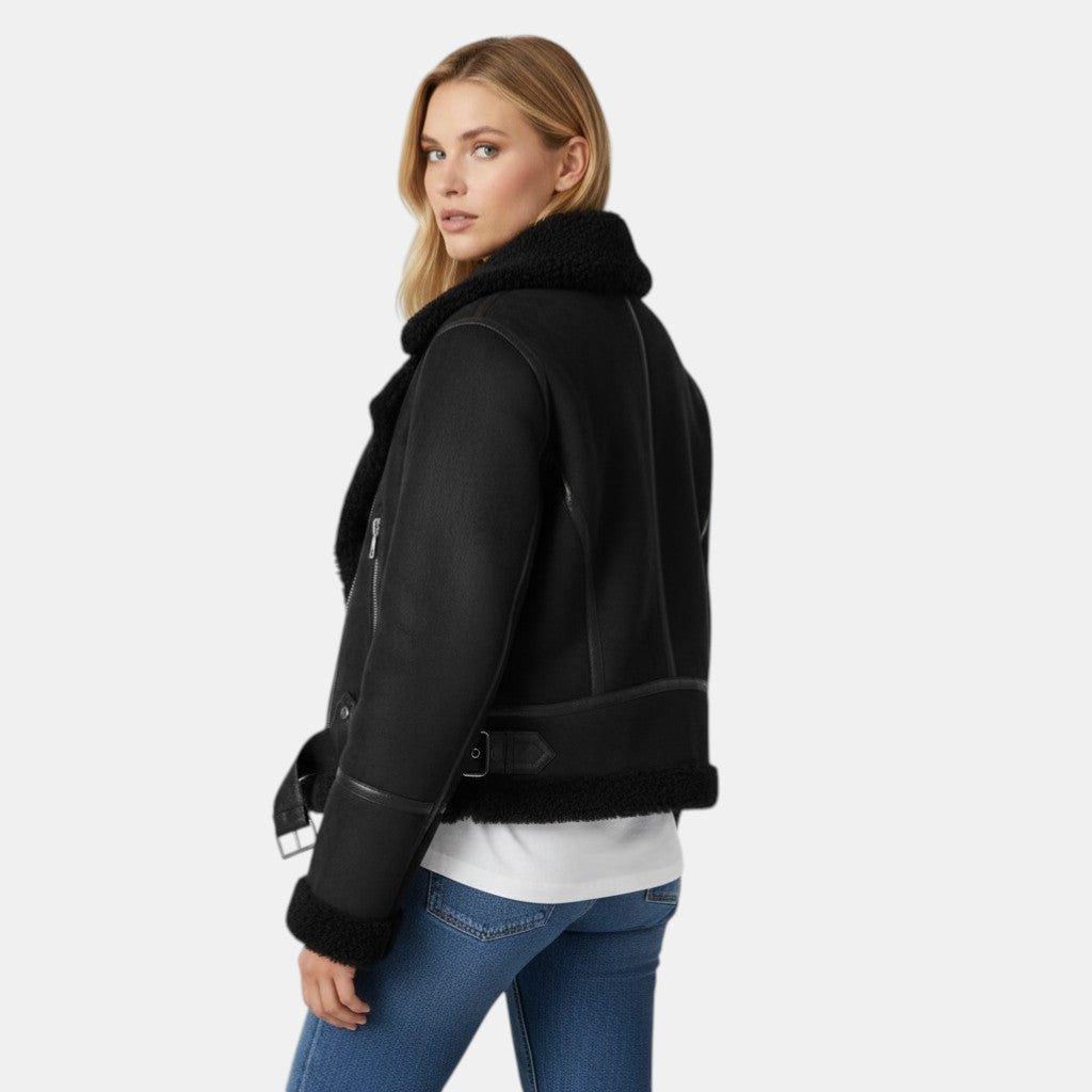 Women’s Faux Shearling Aviator Jacket with Asymmetrical Zip-Villaayr