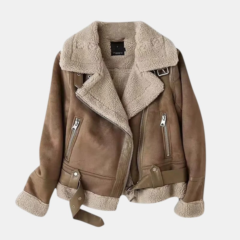 Women’s Faux Shearling Aviator Jacket with Asymmetrical Zip-Villaayr