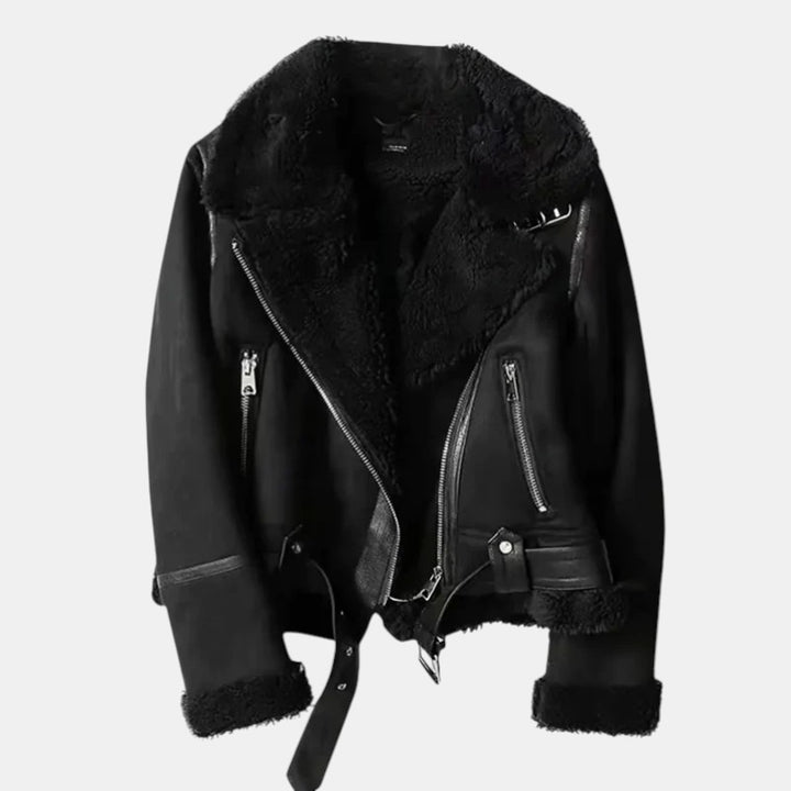Women’s Faux Shearling Aviator Jacket with Asymmetrical Zip-Villaayr