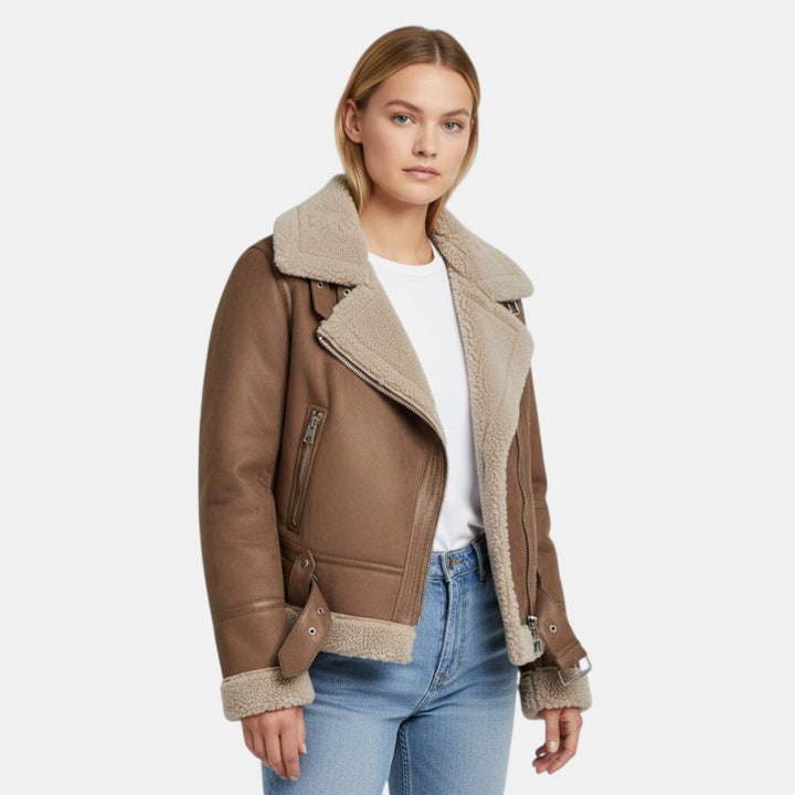 Women’s Faux Shearling Aviator Jacket with Asymmetrical Zip-Villaayr