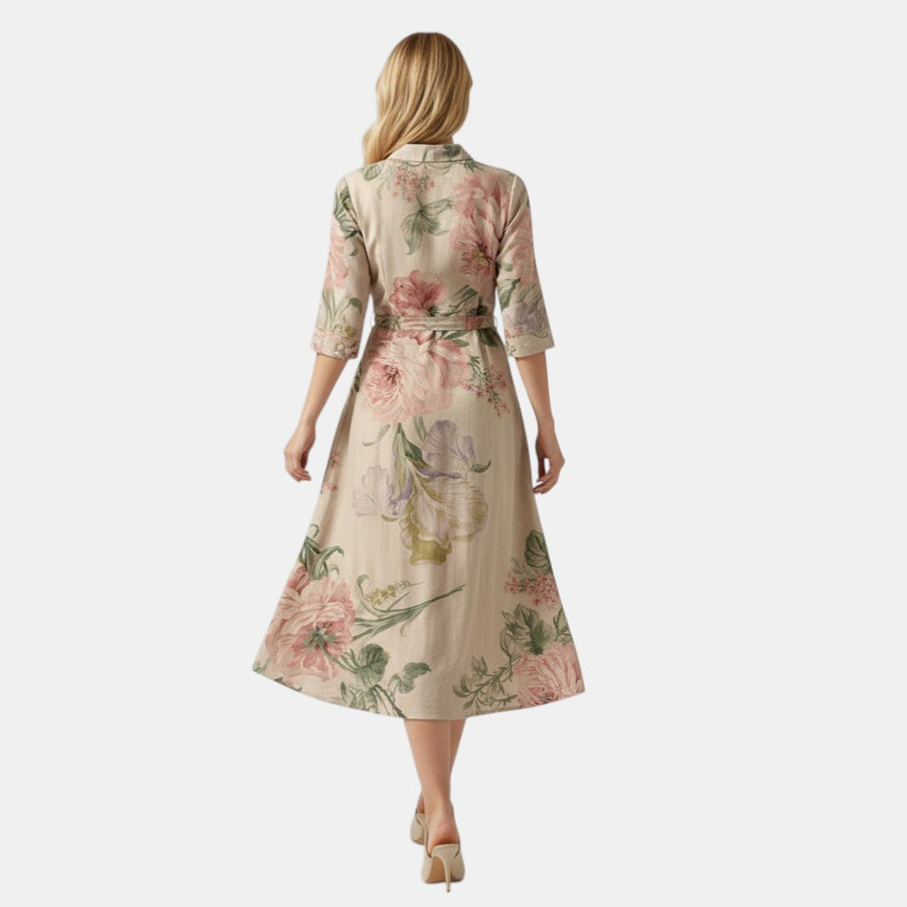 Women’s Floral Button Front Midi Dress with Collar-Villaayr
